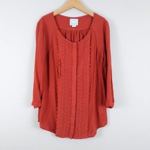 Anthropologie Maeve Blouse Boho Red Orange Long Sleeve Top Size 2